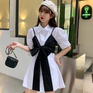 Set: Puff-sleeve Mini Shirtdress + Bow Accent Camisole