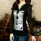 Skull Split-neck Long-sleeve T-shirt
