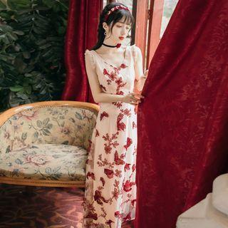 Sleeveless Butterfly Applique Mesh A-line Midi Dress