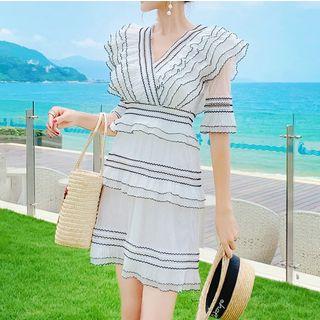 Elbow-sleeve Striped Mini Tiered Dress