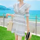 Elbow-sleeve Striped Mini Tiered Dress