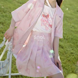 Short-sleeve Floral Print Blazer / Pleated A-line Skirt