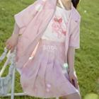 Short-sleeve Floral Print Blazer / Pleated A-line Skirt