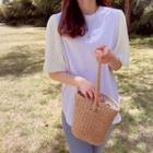 Round-neck Pleated-sleeve T-shirt