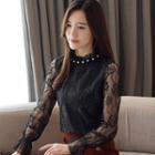 Faux-pearl Long-sleeve Lace Blouse