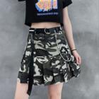 Belted Camouflage Pleated Mini Skirt