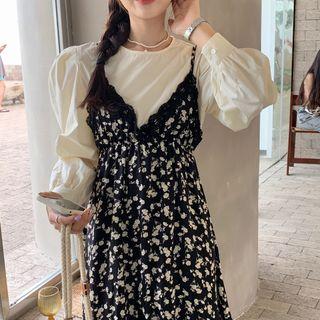 Puff-sleeve Blouse / Spaghetti-strap Floral Midi A-line Dress