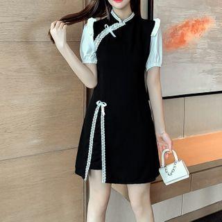 Puff-sleeve Slit-side Lace-trim Dress