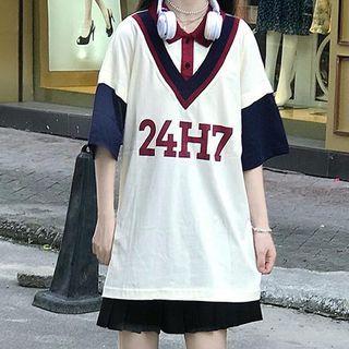 Elbow-sleeve Polo Shirt / Mini A-line Pleated Skirt / Set