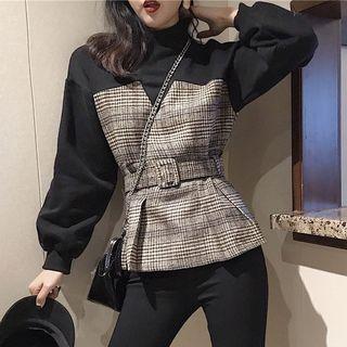 Plaid Panel Pullover Black - One Size