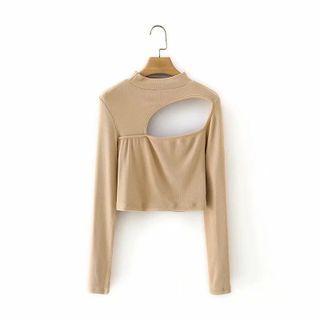 Long-sleeve Cutout Top Khaki - One Size