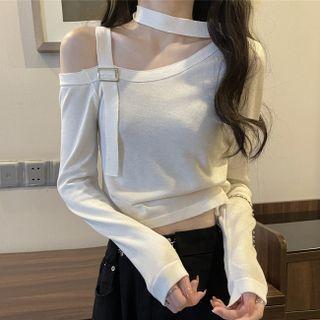 Long-sleeve One-shoulder Cutout Cropped T-shirt