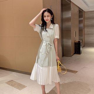Mock Two-piece Short-sleeve Chiffon Pleated Dress