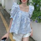 Puff-sleeve Ruffle Floral Blouse Blue - One Size