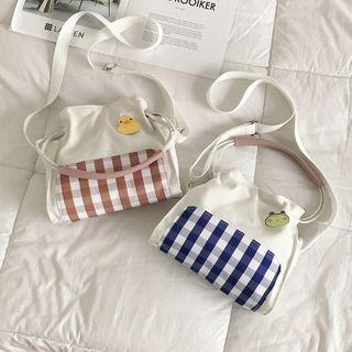 Gingham Paneled Drawstring Bucket Bag
