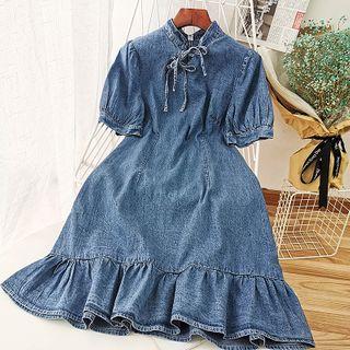 Cutout Ruffle-trim Denim Dress