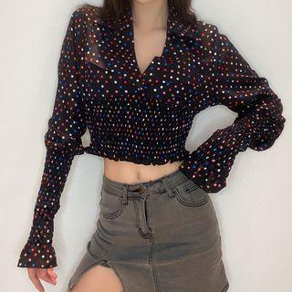 Long-sleeve Dotted Open-collar Crop Top