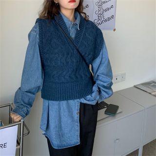 V-neck Cable Knit Vest / Denim Shirt