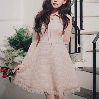 Chiffon Panel Long-sleeve Tweed A-line Dress