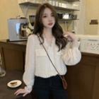 Lantern-sleeve V-neck Lace Trim Blouse