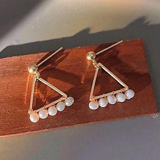 Faux Pearl Triangle Drop Earring C-868 - 1 Pair - Gold & White - One Size