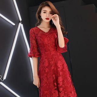 Bell-sleeve Embroidered Evening Gown