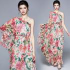 One-sleeve Floral Print Midi Dress