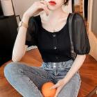 Puff-sleeve Square-neck Knit Panel Top