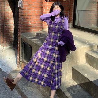 Purple Mock Neck Top / V-neck Plaid Midi Dress