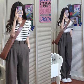 Short-sleeve Striped Knit Top / Dress Pants