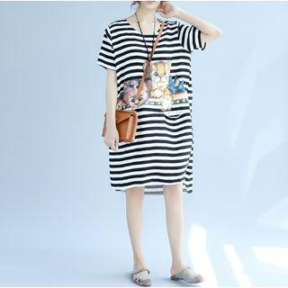 Cat Print Striped Short Sleeve T-shirt Dress