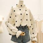 Long-sleeve Cut-out Collar Textured Dot Blouse Off-white - One Size