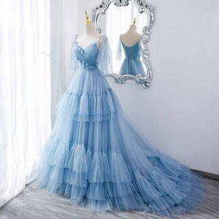 Spaghetti Strap Ruffle A-line Evening Gown