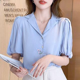 Puff-sleeve Notch Lapel Chiffon Blouse