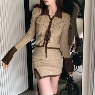 Contrast Collar Cardigan / Mini Pencil Skirt / Leg Warmer