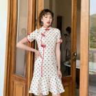 Dotted Short-sleeve Ruffle Hem Mini Qipao