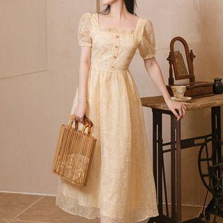 Short-sleeve Square-neck Lace Midi A-line Dress