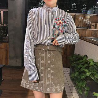Stand-collar Striped Embroidered Long-sleeve Blouse