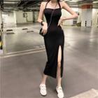 Set: Halter-neck Slit Midi Bodycon Dress + Belt Dress - Black - One Size / Belt - Black - One Size