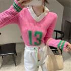 V-neck Color-block Knit Sweater Pink - One Size