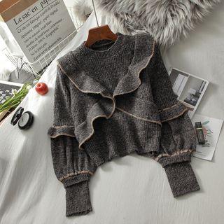 Ruffle Long-sleeve Sweater Dark Gray - One Size