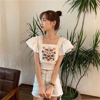 Flower Embroidered Square-neck Cropped Top White - One Size