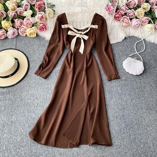Square-neck Bow-detail Slit Dress