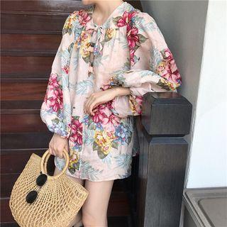 Loose-fit Tie-neckline Printed Blouse As Shown In Figure - One Size