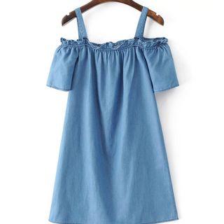 Off-shoulder Ruffle Sleeve Denim Dress