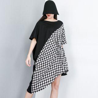Checked Panel Irregular Hem Elbow-sleeve T-shirt Dress Black - One Size