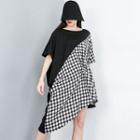 Checked Panel Irregular Hem Elbow-sleeve T-shirt Dress Black - One Size