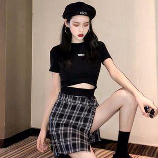 Short-sleeve Lettering Crop Top / Mini Plaid Skort
