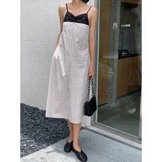 Spaghetti Strap Gingham Panel A-line Dress