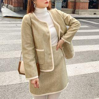 Set: Contrast Trim Tweed Jacket + Mini A-line Skirt
